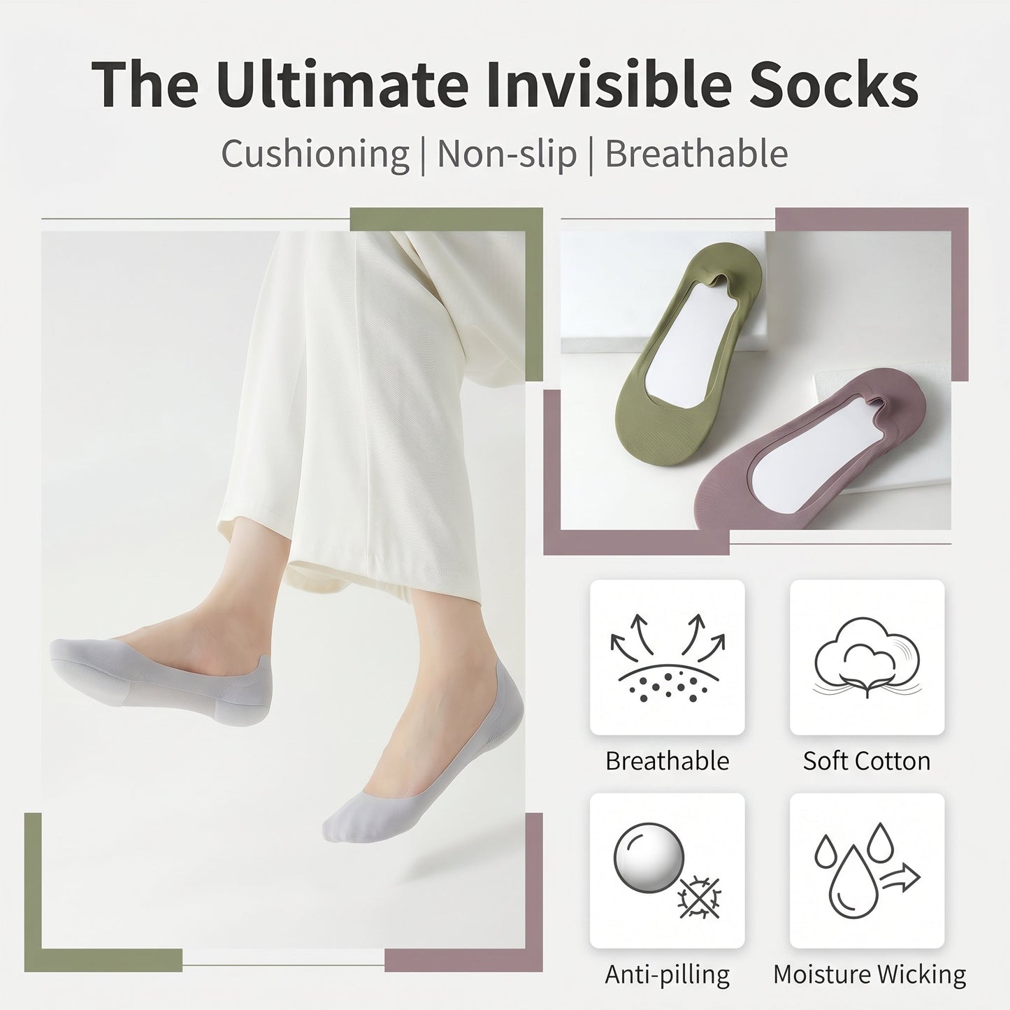 🧦Cushioned No-Show Socks for Women | Non-Slip Ice Silk Invisible Boat Socks with Double Sponge Footpads
