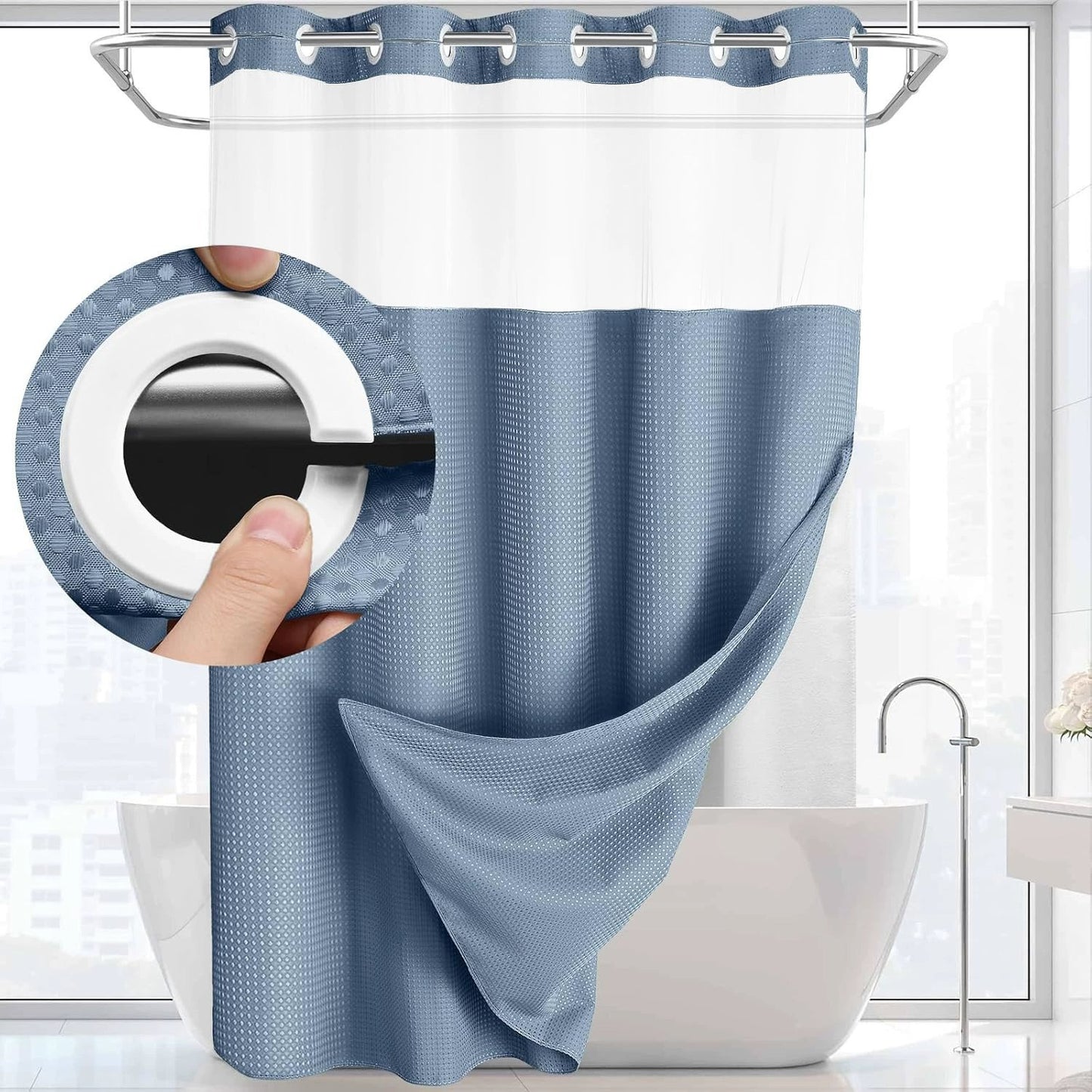 Hookless Shower Curtain with Snap-in Liner – Waterproof Double-Layer Design – Fabric Curtain with Waterproof Liner (White)
