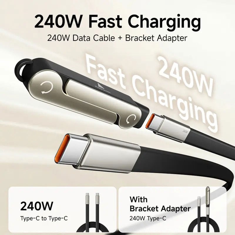 240W Super Fast Charging 360° Rotating Invisible Stand Detachable Two-in-One Charging Cable, Zinc Alloy Silicone Type-C Cable compatible with Apple and Samsung, essential for gaming, office, and car use | Bestselling cutting-edge technology