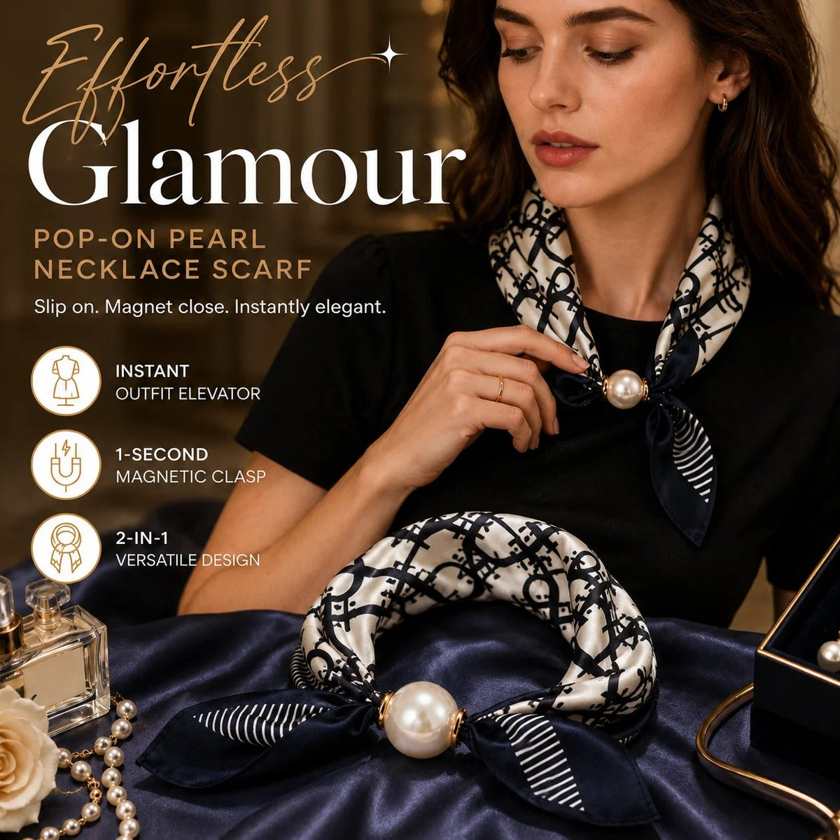 📍🧣 Effortless Glamour: Pop-On Pearl Necklace Scarf ✨