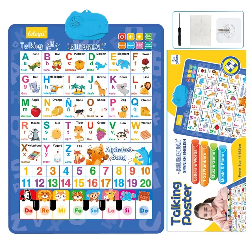 🚀New Talking Wall Chart for Kids – English & Spanish Learning Poster with Songs, ABCs, Numbers, Animal words & Piano