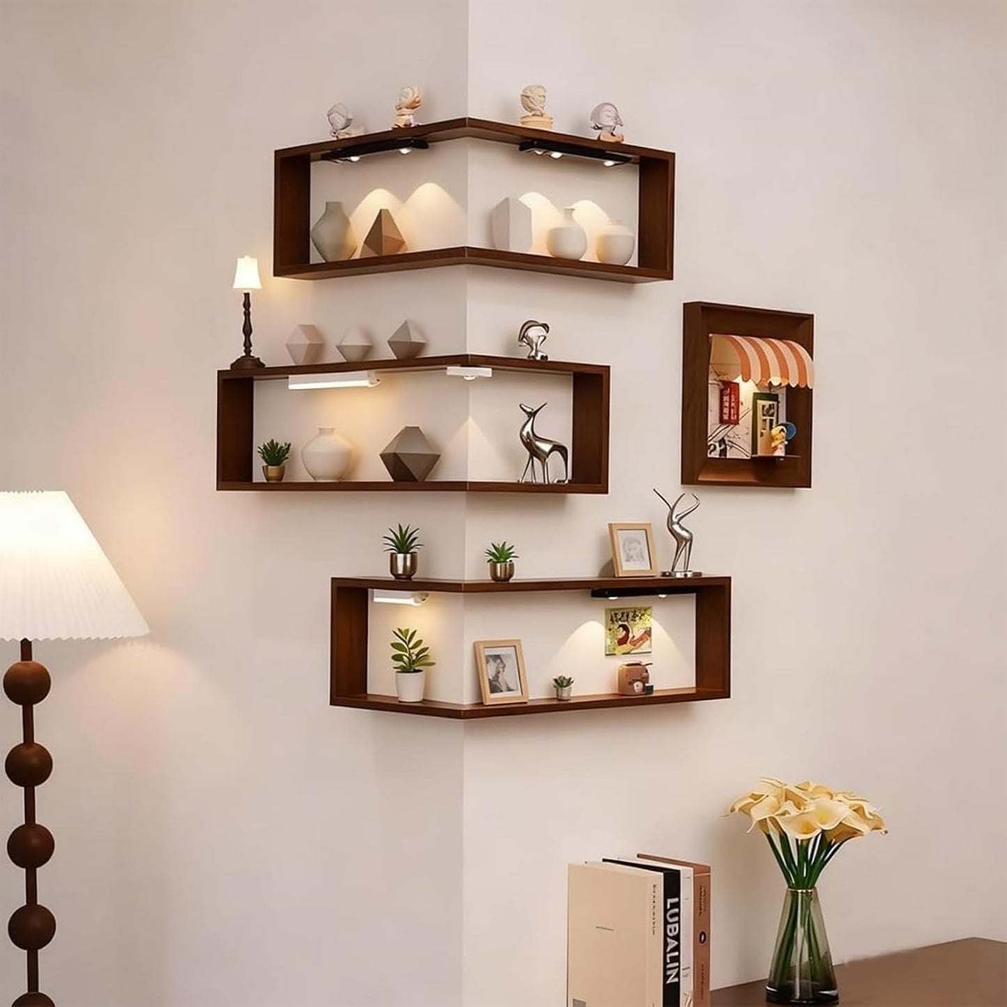 🪵 L-Shaped Corner Floating Wall Shelves with LED Lights