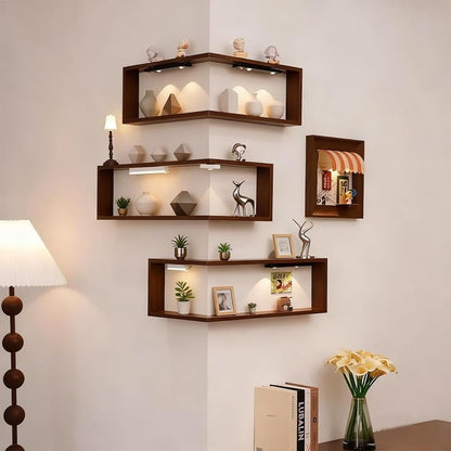🪵 L-Shaped Corner Floating Wall Shelves with LED Lights