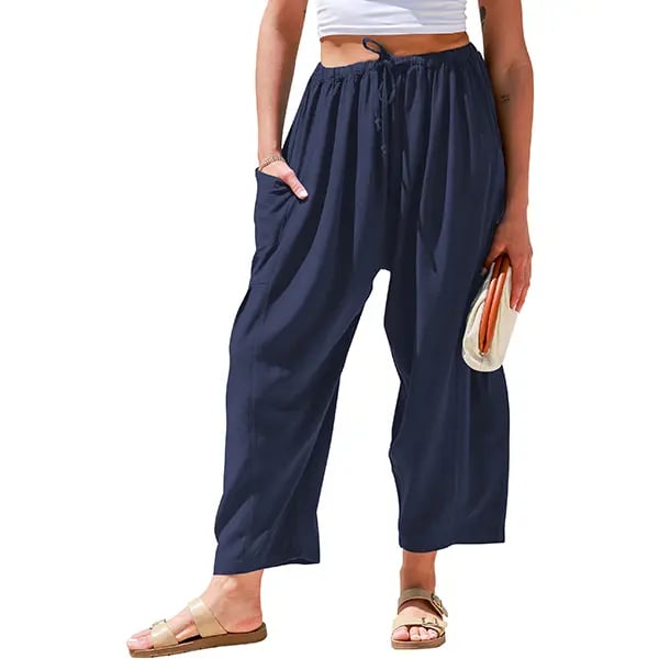 Womens Polyester Wide Leg Pants Casual Loose Fit Beach Palazzo Harem Pants with Pockets Spring Summer Style