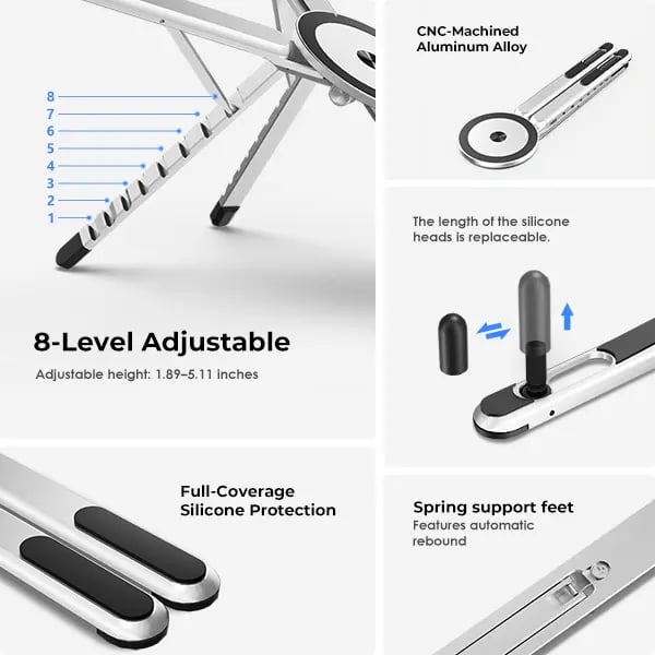 Adjustable Aluminum Laptop Stand with Integrated Magnetic Phone Holder | Portable & Foldable Desktop Riser for Laptops and Tablets (Silver)