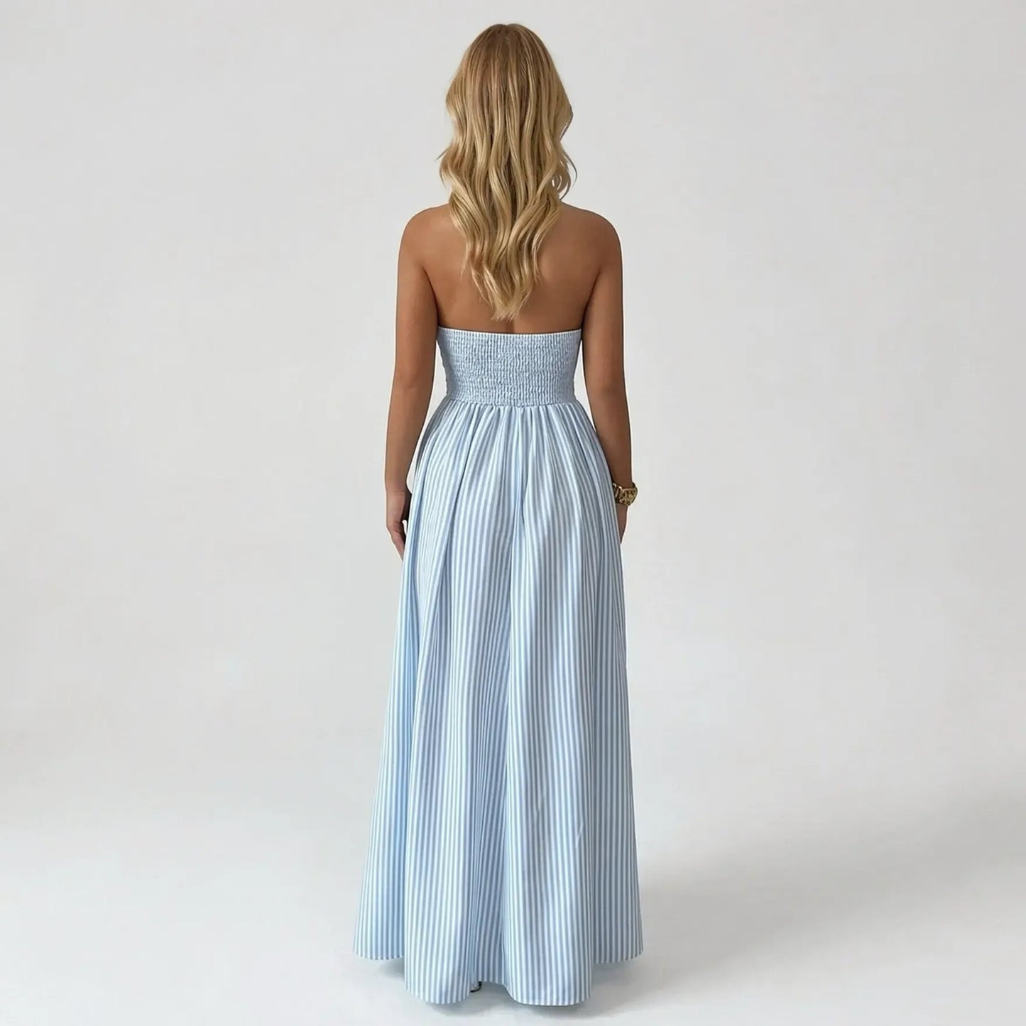 🔥2026 NEW ARRIVAL🔥Women's Elegant Pinstripe Deep V Neckline Adjustable Halter Maxi Dress