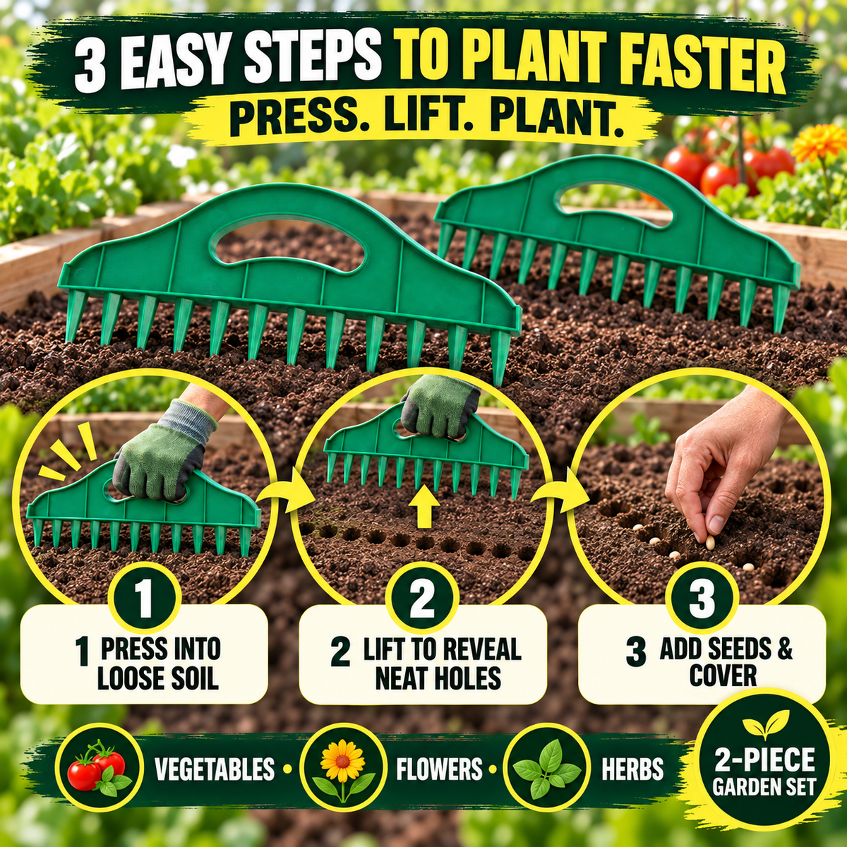 🌱 Garden Seed Spacing Tool – Multi-Row Soil Dibbler & Furrow Maker