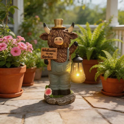 Handcrafted Solar-Powered Scottish Highland Bull Garden Welcome Light