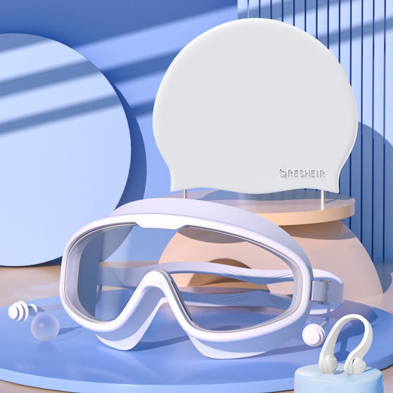 💥2026 New Arrival🎉-HD adult waterproof and anti-fog electroplated swimming goggles, swimming cap and nose clip set