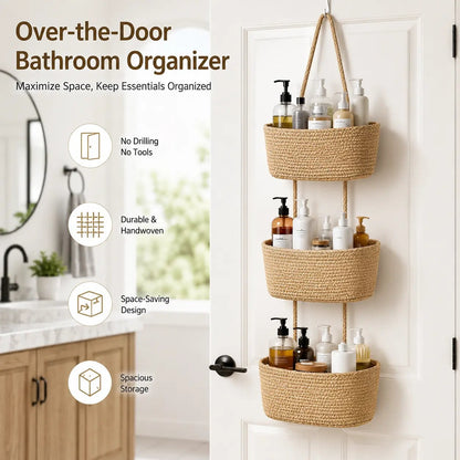 🌿 Woven Cotton 3-Tier Over-Door Basket