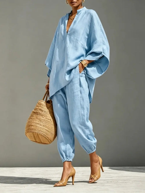 Women's Summer Loose Fit Solid Linen Deep V Neck Batwing Sleeve Pants Set
