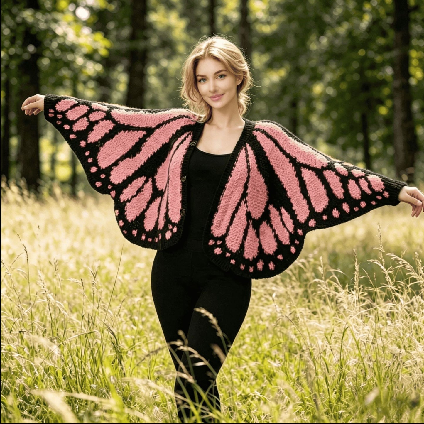 🦋Monarch butterfly-patterned knit cape/shawl-style cardigan