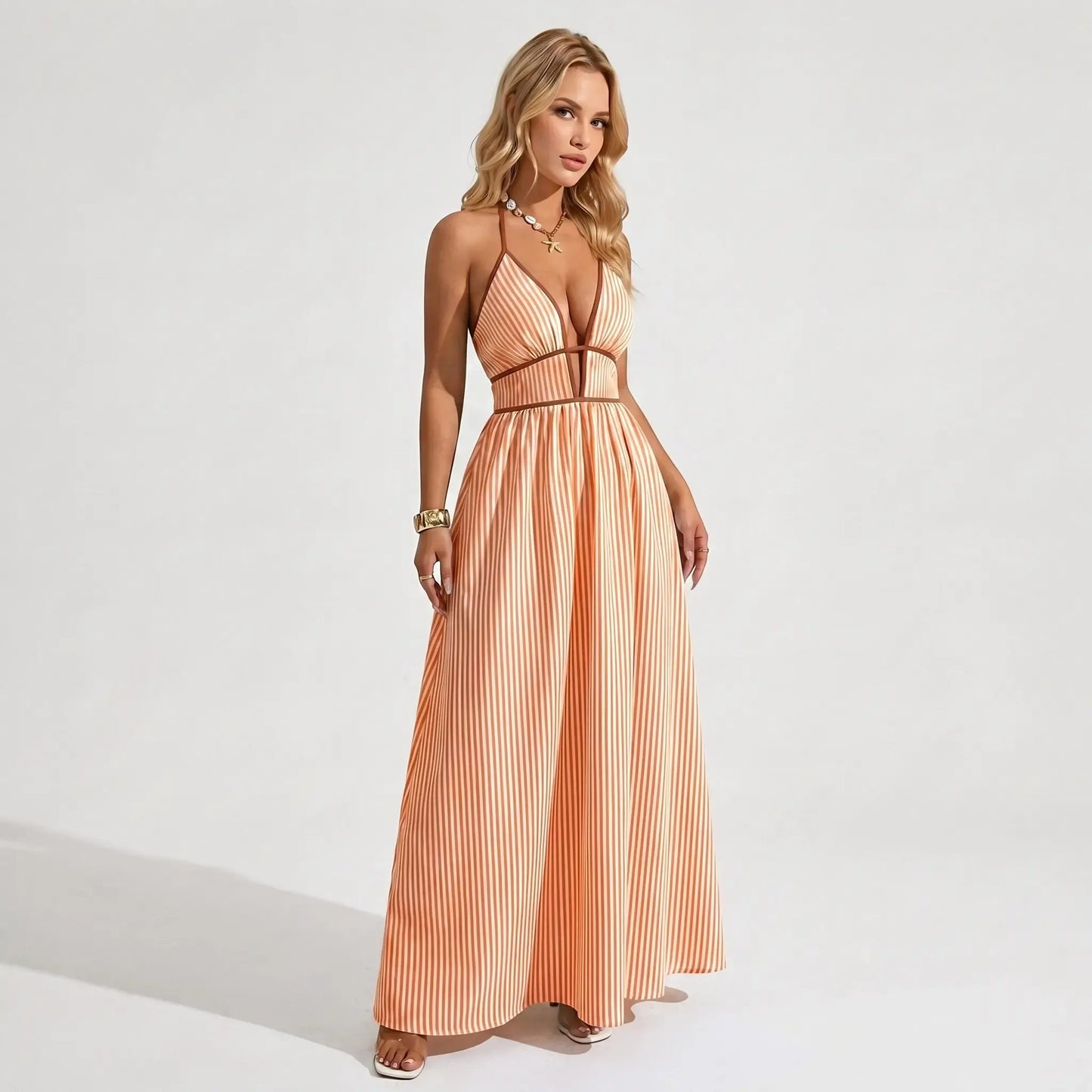 🔥2026 NEW ARRIVAL🔥Women's Elegant Pinstripe Deep V Neckline Adjustable Halter Maxi Dress