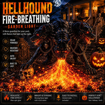 🔥 3-Headed Hellhound Halloween Light – Solar Fire-Breathing Yard Monster