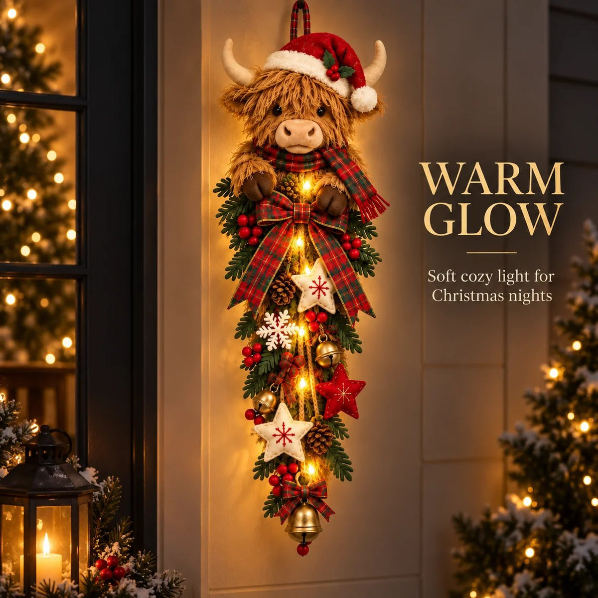 🎄🐮 Lighted Highland Cow Christmas Door Swag – A Cozy Holiday Welcome