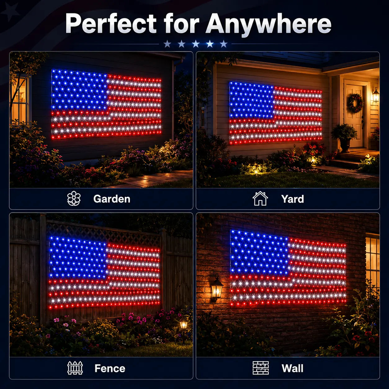 Solar American Flag Lights Outdoor American Flag Net Lights 6.5ft x 3.28ft Super Bright,Memorial Day Decorations of The United States for Independence/National/Memorial Day,July 4th Waterproof solar lights outdoor
