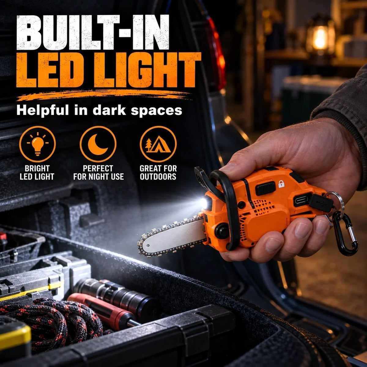 🪚 Mini Chainsaw Keychain Multi-Tool – Rechargeable LED Flashlight & Retractable Utility Cutter