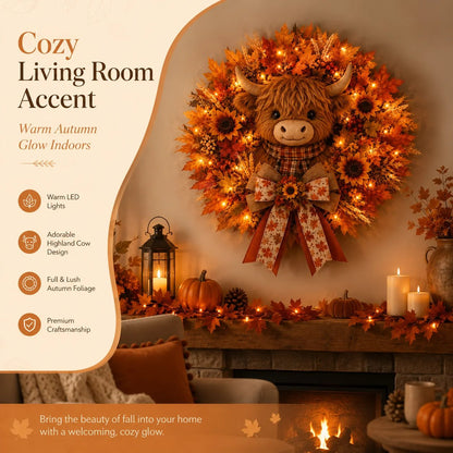 🍂🐮Autumn Highland cow wreath decoration with lights