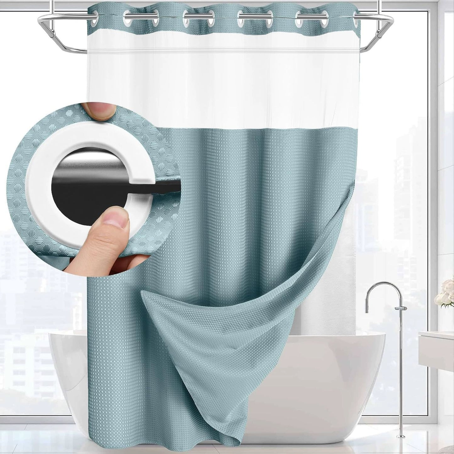 Hookless Shower Curtain with Snap-in Liner – Waterproof Double-Layer Design – Fabric Curtain with Waterproof Liner (White)