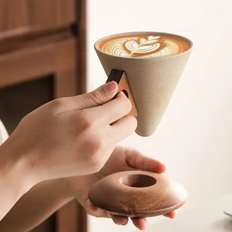 Hot 48% OFF☕✨ Conical Ceramic Coffee Cup with Acacia Wood Base