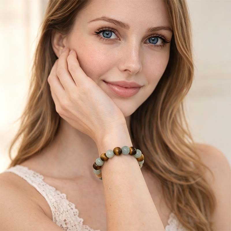 💙 Money Attraction Green Aventurine & Tiger Eye Elastic Crystal Bracelet for Men Women, Friendship Daily Wear