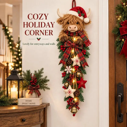 🎄🐮 Lighted Highland Cow Christmas Door Swag – A Cozy Holiday Welcome