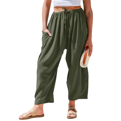 Womens Polyester Wide Leg Pants Casual Loose Fit Beach Palazzo Harem Pants with Pockets Spring Summer Style