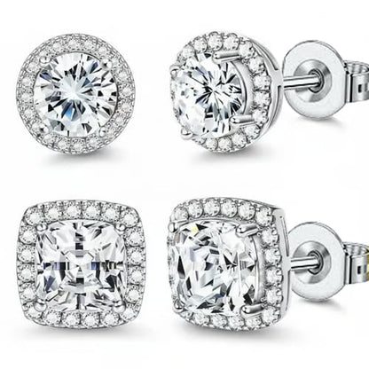 Halo Stud Earrings 4-Pack- Gold & Silver Round/Square Styles