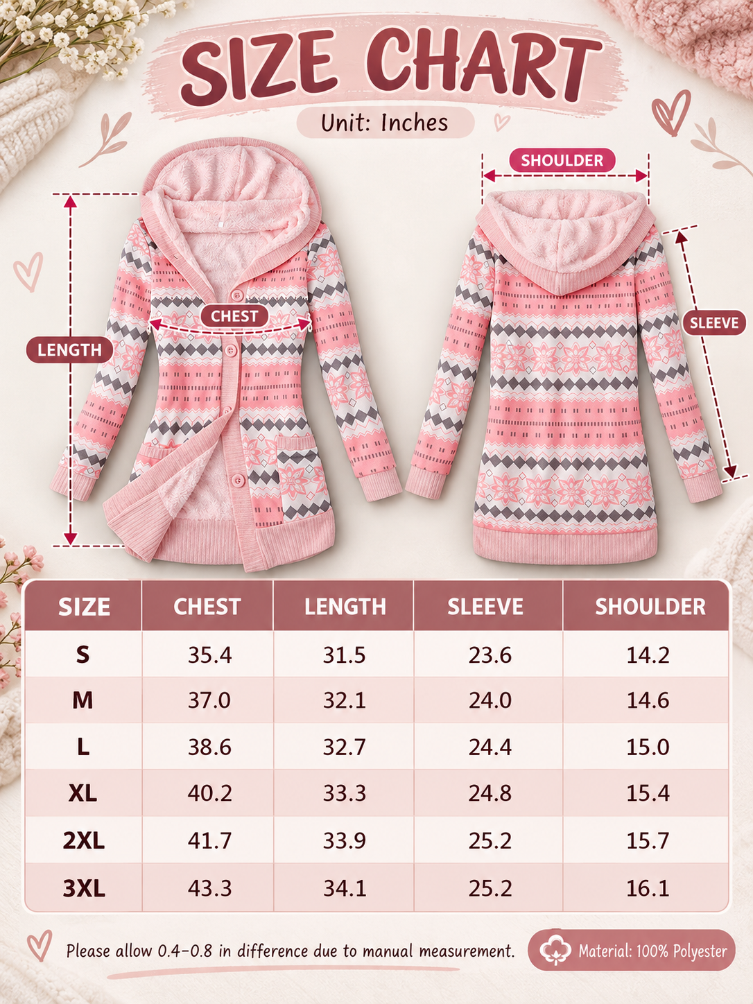 🧥 Women’s Hooded Coat – Thick Knit Printed Jacket, Button-Up Plus Size Mid-Length Outerwear