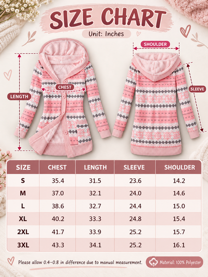 🧥 Women’s Hooded Coat – Thick Knit Printed Jacket, Button-Up Plus Size Mid-Length Outerwear