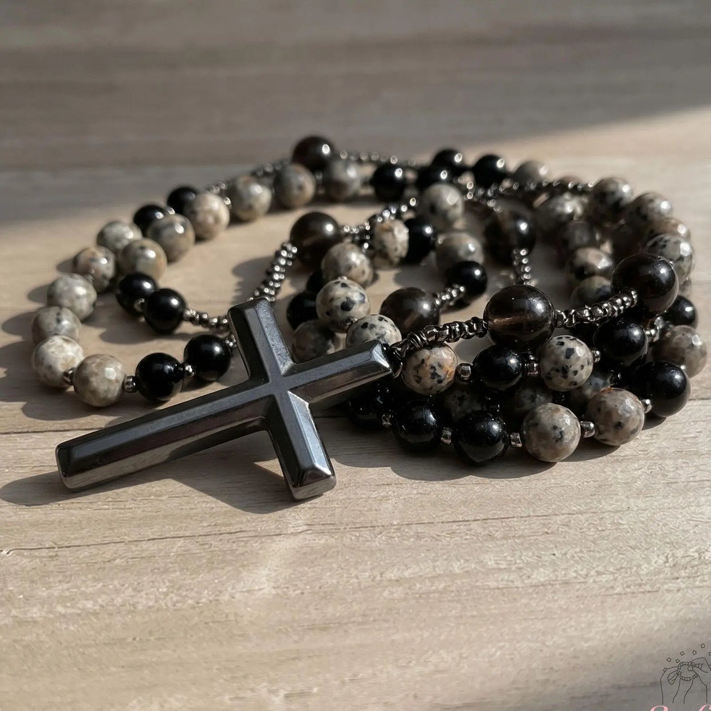 Natural Obsidian & Yooperlite Cross Rosary Necklace