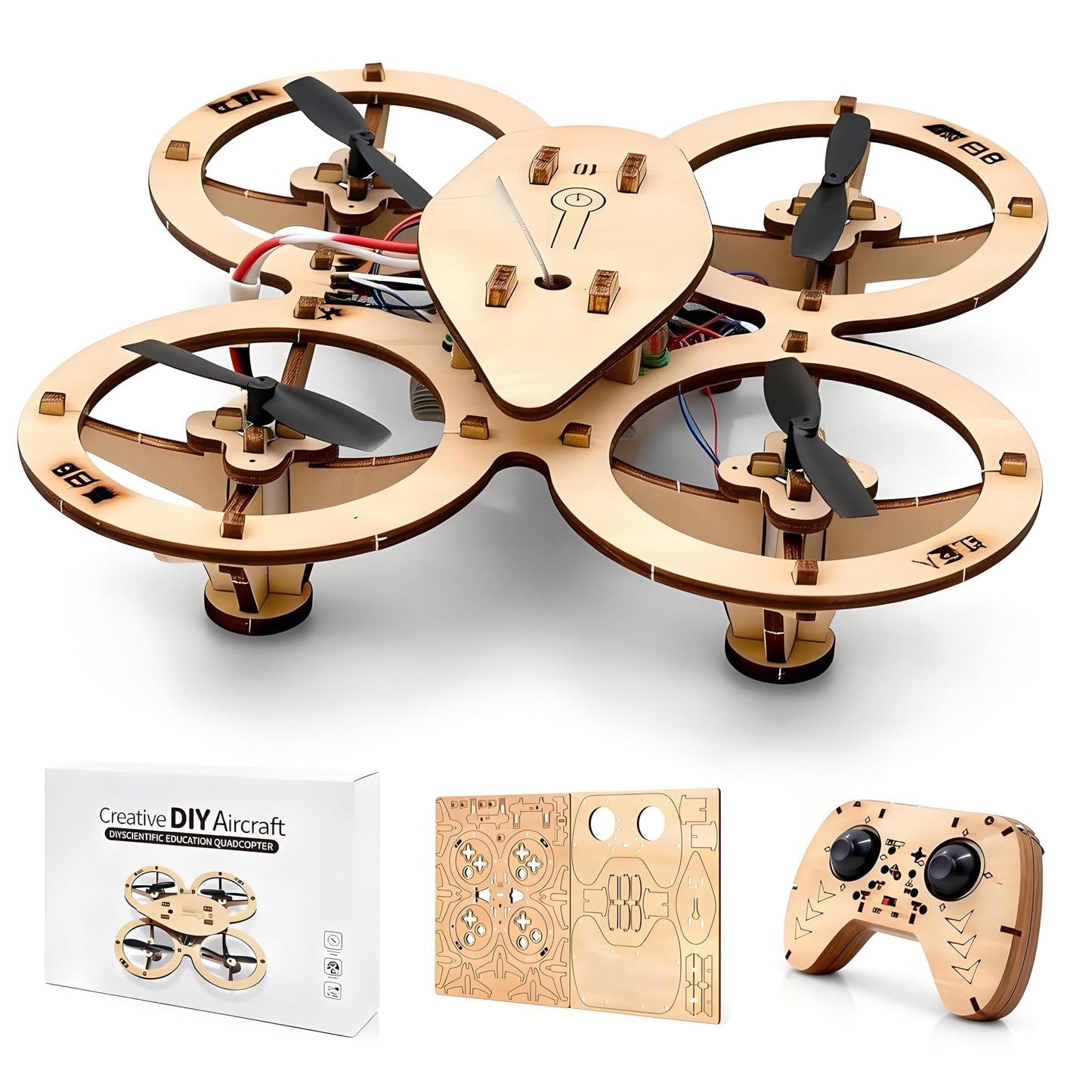 💥🏆Top Gift 2026 🎁 DIY Wooden Drone Assembly Kit, 2.4GHz RC Quadcopter with 360° Flip, Emergency Stop & Beginner Friendly Controls, STEM Building Toy for Teens & Adults