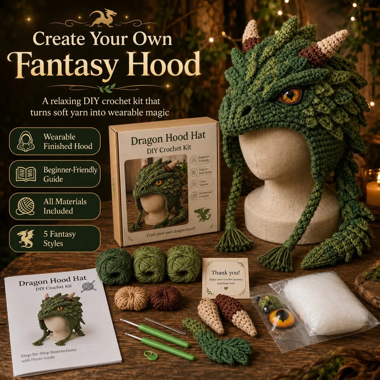 🐉🧶 Fantasy Hood Hat DIY Crochet Kit – Stitch Your Own Magical Character