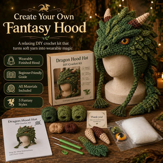 🐉🧶 Fantasy Hood Hat DIY Crochet Kit – Stitch Your Own Magical Character