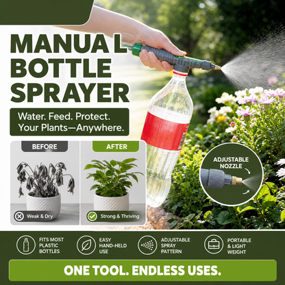 🌿50% OFF NOW! Manual Drink Bottle Sprayer with Adjustable Nozzle‑Portable DIY Garden Spray Tool, Fits Standard Plastic Bottles for Plant Watering, Fertilizing & Pest Control