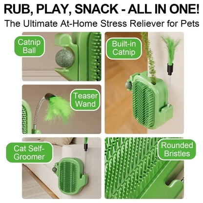 3-in-1 Cat Corner Groomer – Scratcher, Massage Brush & Catnip Toy