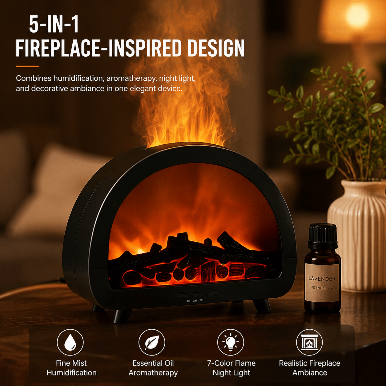 Fireplace Flame Essential Oil Diffuser - 7 Color Ultrasonic Aromatherapy Humidifier
