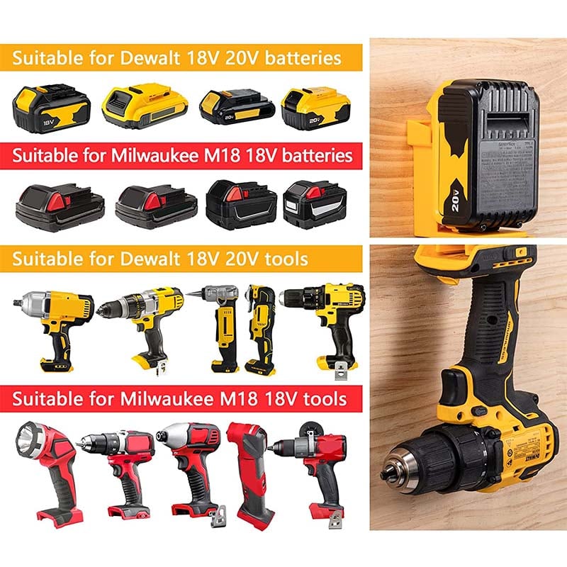 5-Pack 2-in-1 Power Tool & Battery Holder Mounts for Dewalt/Milwaukee 18V Li-ion Batteries & Cordless Tools