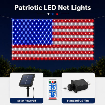 Solar American Flag Lights Outdoor American Flag Net Lights 6.5ft x 3.28ft Super Bright,Memorial Day Decorations of The United States for Independence/National/Memorial Day,July 4th Waterproof solar lights outdoor