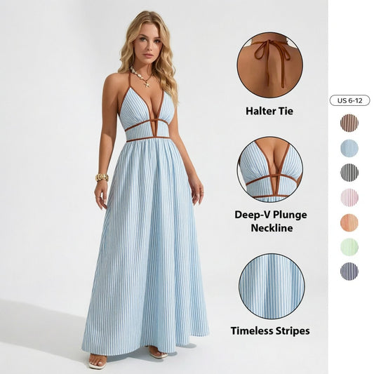 🔥2026 NEW ARRIVAL🔥Women's Elegant Pinstripe Deep V Neckline Adjustable Halter Maxi Dress