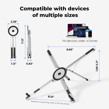Adjustable Aluminum Laptop Stand with Integrated Magnetic Phone Holder | Portable & Foldable Desktop Riser for Laptops and Tablets (Silver)