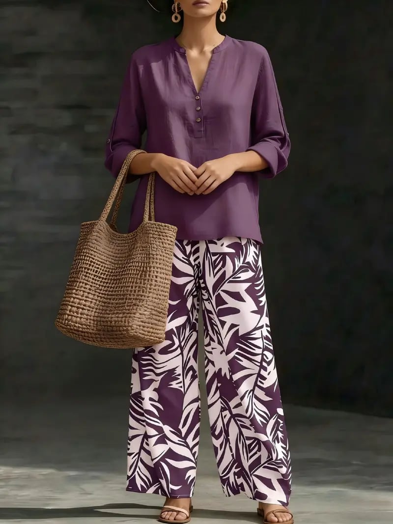 🔥Women's fashion casual two-piece set featuring a V-neck top with design details paired with wide-leg pants with a botanical pattern; comfortable and breathable, suitable for multiple occasions
