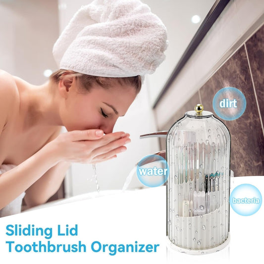 360° Rotating Toothbrush Holder with Lid, Dustproof Toothbrush & Toothpaste Storage Rack, Bathroom Organiser for Vanity Counter, Family Bathroom Accessory