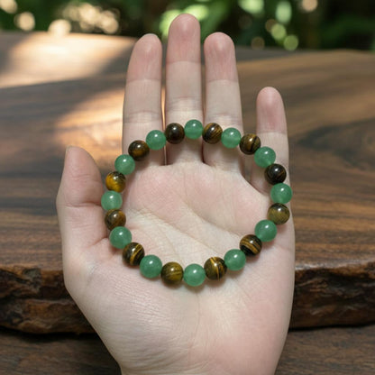 💙 Money Attraction Green Aventurine & Tiger Eye Elastic Crystal Bracelet for Men Women, Friendship Daily Wear