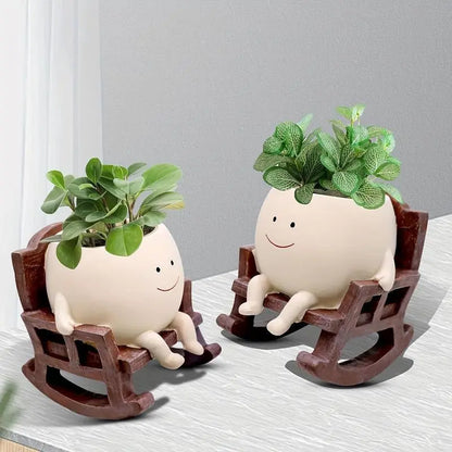 Smily Face Garden Planter Pot 1 Piece Cartoon Design Resin Pot for Indoor Plants Cute Chair Shape Succulent Flower Pots with Drain Hole Decorative for Home Office Desk