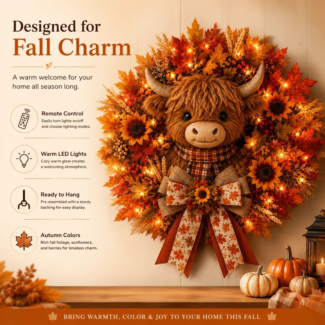 🍂🐮Autumn Highland cow wreath decoration with lights