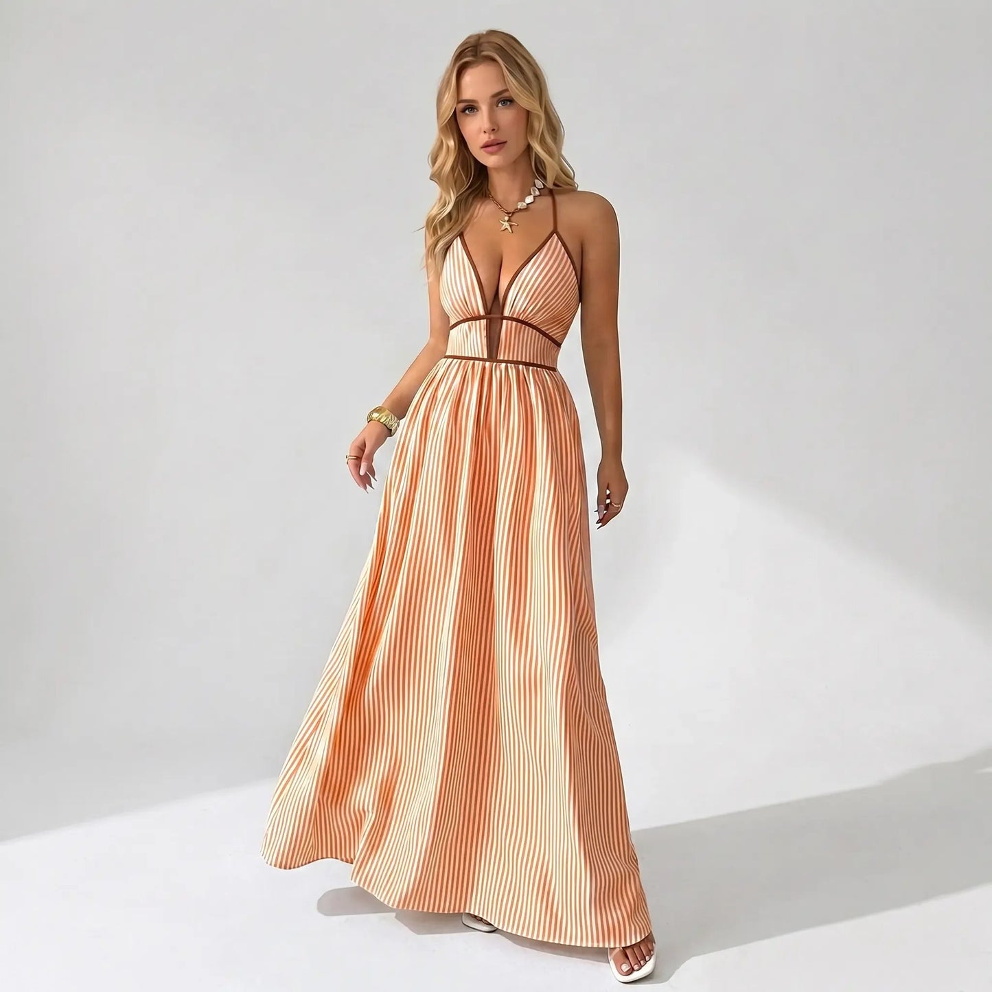 🔥2026 NEW ARRIVAL🔥Women's Elegant Pinstripe Deep V Neckline Adjustable Halter Maxi Dress