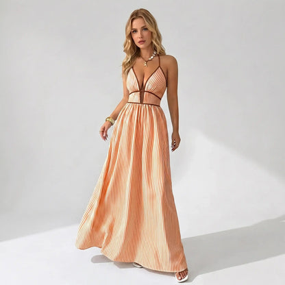 🔥2026 NEW ARRIVAL🔥Women's Elegant Pinstripe Deep V Neckline Adjustable Halter Maxi Dress