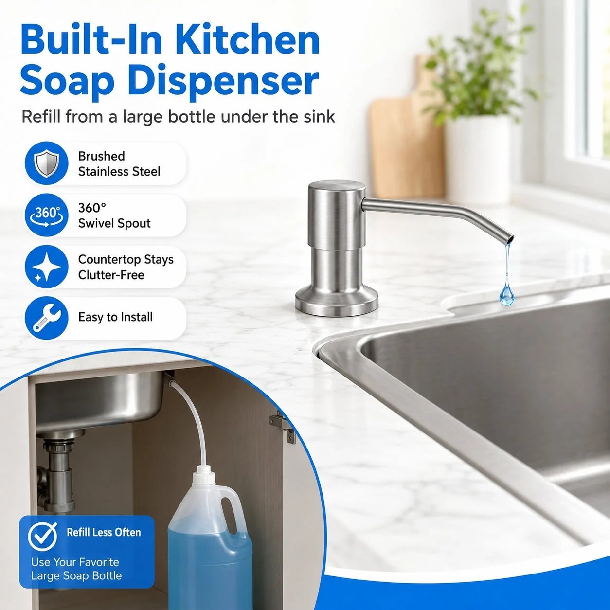 Built-In Sink Soap Dispenser with 39-Inch Extension Tube