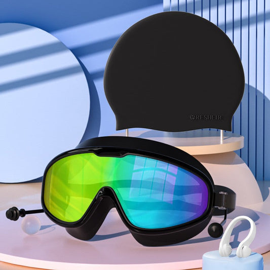 💥2026 New Arrival🎉-HD adult waterproof and anti-fog electroplated swimming goggles, swimming cap and nose clip set